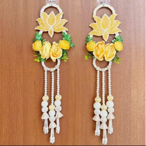 Yellow Color Nalki Pichwai Lotus with Flower Bunch Hanging – Pack Of Pair | Traditional Wall Décor for Home